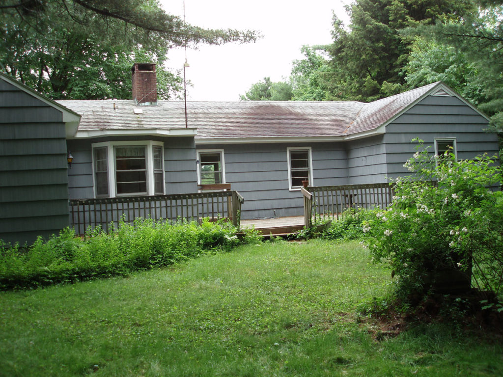 Rear of house before project started had a deteriorated deck linked to the back of the living room, but was overgrown with vines and exposed to full day-long sun. - Photo: Michael Alper