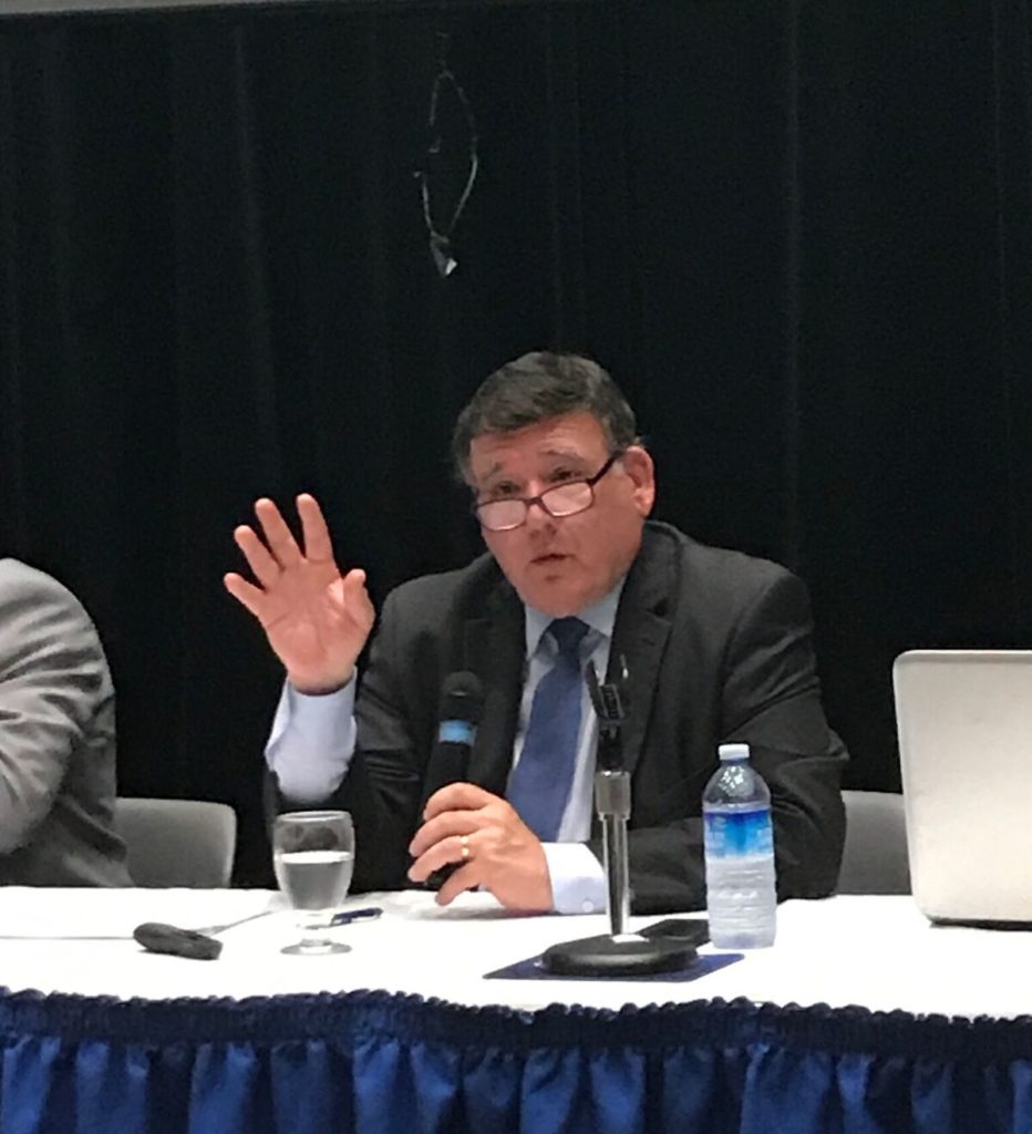 Sen. Marc Pacheco answers questions on wind turbine noise pollution from constituents. Photo: Victor Feldman