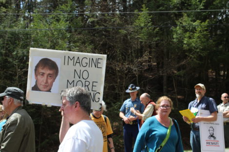 Bill Kitchen of Johnstown, N.Y. 'imagines' in the Otis State Forest what John Lennon would have to say about fracking. Photo: Terry Cowgill