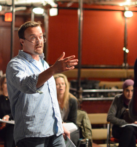 Josh Aaron McCabe as 'Cymbeline,' in rehearsal at Shakespeare and Company. Photo by: Olivia Winslow