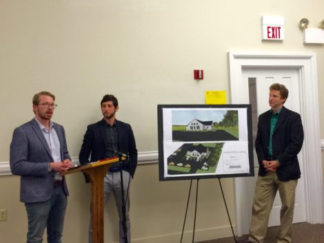 Consultant Brandon Pollock, left, Wellness Theory Inc President Nicholas Friedman, and CEO/CFO Brad Kayton ask the Great Barrington Selectboard for a letter of non opposition so they can proceed with plans to build and operate a medicinal marijuana dispensary on Stockbridge Road.