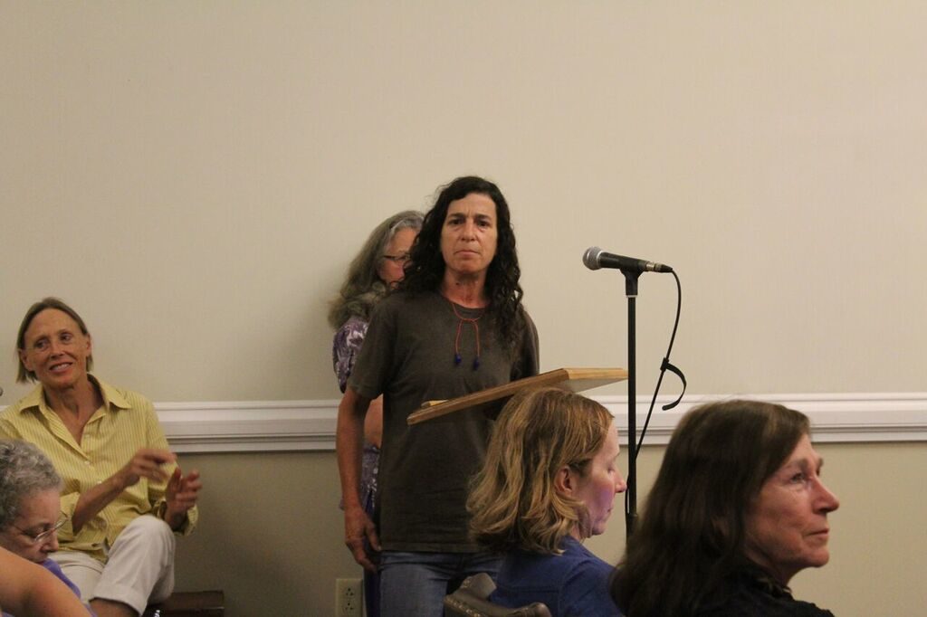 Airport antagonist Claudia Shapiro instructs a journalist to stop taking photographs of her. Photo: Terry Cowgill