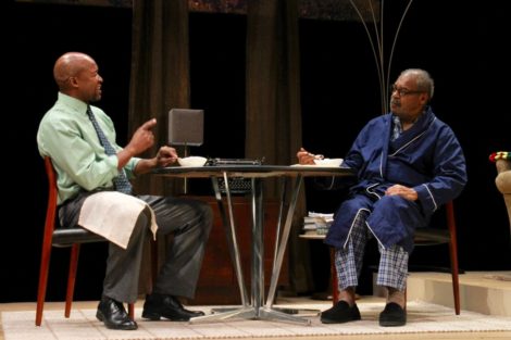 Leon Addison Brown as Calvin and Roger Robinson as his father Donald confront each other over whether Donald should eat a bowl of yogurt. Photo: Terry Cowgill