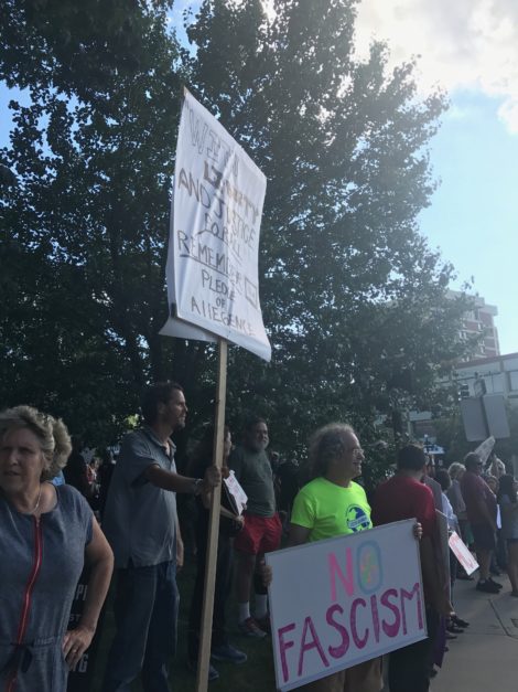 Pittsfield resident Jeff Turner (in green shirt), with 'No Facism' poster. Photo: Victor Feldman