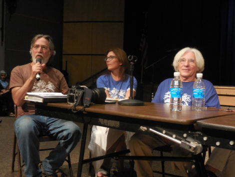 Photographer and graphic designer Lee Everett, at left, recalls the history of acrimony between the Music Inn, its neighbors and the town of Stockbridge. To his left, Lynette Najimy and David Rothstein. Photo: Terry Cowgill