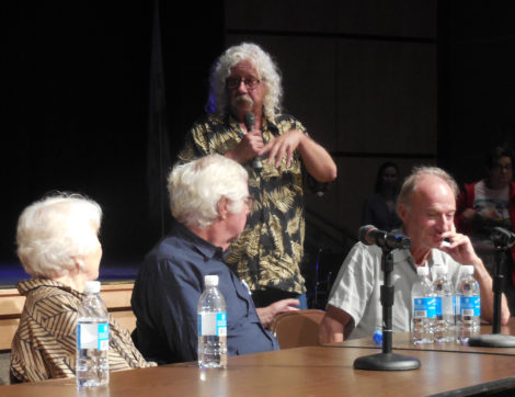 Legendary folk singer Arlo Guthrie recalls trying to convince town officials to allow him to hold a fundraiser concert at the inn with Pete Seeger. Listening to his recollection are, from left, Olga Weiss, Larry Gadd and Jeremy Yudkin. Photo: Terry Cowgill