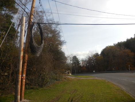 Lots of fiber hangs on a pole awaiting installation on Route 23 in Egremont. Photo: Terry Cowgill