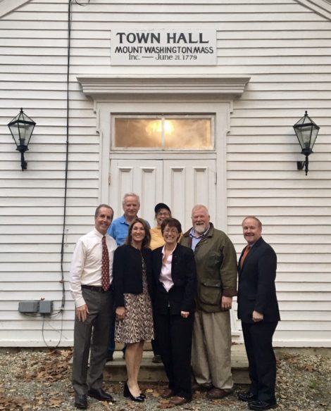 Elected officials and other dignitaries were in front of Town Hall Oct. 11 to celebrate a state grant received by Mount Washington, though much of the time was spent talking about the new broadband service. The delegation included state Rep. William “Smitty” Pignatelli, Selectman and Town Clerk Gail Garrett, Selectman Jim Lovejoy, and Lt. Gov. Karyn Polito in the front row.